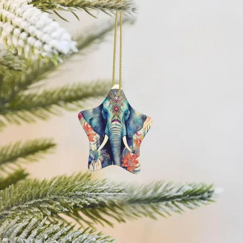 Vista 6 de Árbol de Navidad colgante de cerámica con lazo dorado, plumas de pavo real, elefante, adornos de cerámica para el hogar, manualidades