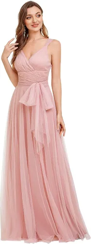 Vista 4 de Ever-Pretty Elegante cuello en V para mujer con cintura de fajín de una línea maxi de tul vestido cruzado vestidos de dama de honor 07303-USA