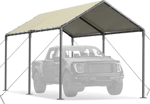 Vista 2 de Grezone Cochera resistente de 10 x 20 pies, garaje portátil para auto, resistente a los rayos UV, para automóvil, camión, barco, automóvil (beige)