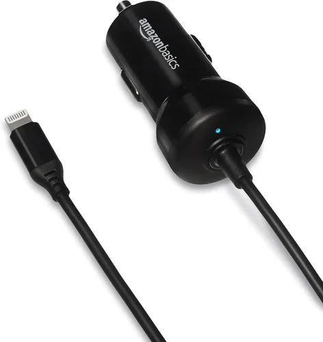 Vista 4 de Amazon Basics Cargador de coche de carga rápida de 12 W (5 V, 2.4 A) con cable Lightning en espiral para iPhone, iPad y dispositivos Apple, 1.5