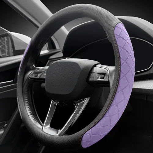 Vista 11 de LKWLIKEI Funda de cuero napa para volante, elegante diseño a cuadros de diamante, antideslizante y resistente al desgaste, mejora la comodidad