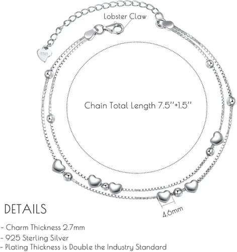 Vista 3 de LINGBG JEWELRY Pulseras en capas de plata de ley 925, pulseras de amor con corazón, pulseras de estrella para mujer, pulseras de doble hebra