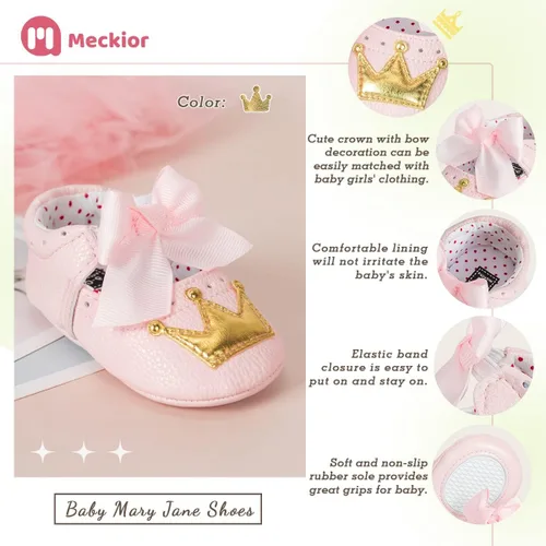 Vista 5 de Meckior - Zapatos para bebé con suela suave, diseño floral brillante de princesa estilo Mary Jane para bebé recién nacida, zapatos para vestido