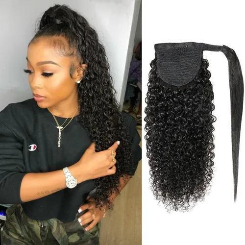 Vista 32 de Cola de Caballo de Cabello Humano Corto Rizado Crespo Envolvente con Clips Extensiones de Cola de Caballo de Pasta Mágica 120g/juego Pieza