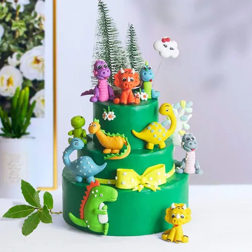 Vista 2 de 3 piezas de decoración de pastel de dinosaurio en miniatura para baby shower, niños y niñas, temática de animales del bosque, decoración de fiesta