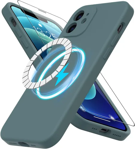 Vista 63 de DEENAKIN Funda magnética de silicona para iPhone 12 Pro con protector de pantalla, compatible con MagSafe, protección de cámara, funda protectora
