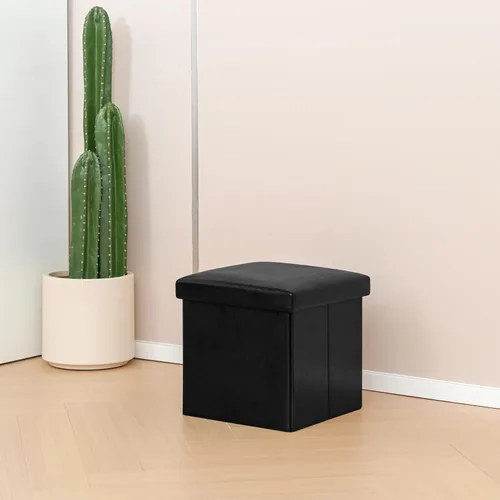 Vista 8 de B FSOBEIIALEO Cubo otomano plegable de almacenamiento con piel sintética para sala de estar, dormitorio, oficina en casa, reposapiés de Negro