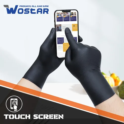 Vista 4 de Wostar Guantes industriales de nitrilo negro, grandes de 8 mil, con textura de diamante, sin látex y polvo, guantes resistentes, 100