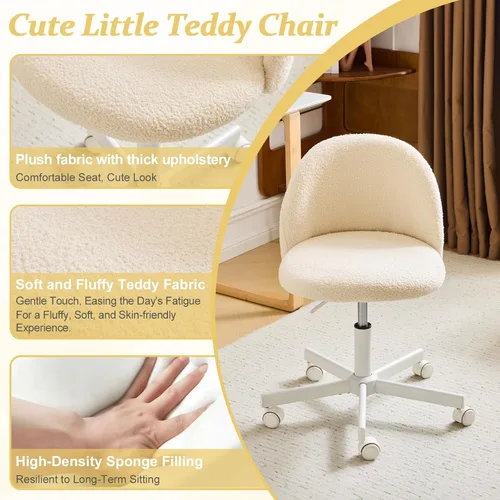 Vista 6 de VINGLI Silla Candy sin Brazos, Linda Silla de Escritorio, Cómoda Silla Pequeña de Oficina con Ruedas, Silla de Tocador con Soporte Lumbar, Silla