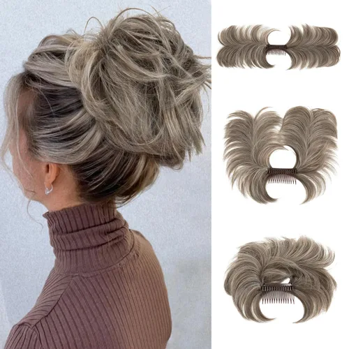 Vista 10 de Peine de moño desordenado con clip lateral para mujer, corto, natural, lacio, versátil, ajustable, fácil de peinar, (rubio ceniza-C)