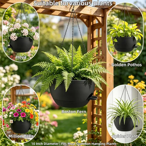 Vista 5 de Macetas colgantes de 10 pulgadas con cadenas, juego de 2, macetas auto-regables de plástico negro para plantas de interior y exterior, decoración