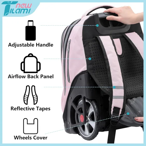 Vista 102 de NEW TILAMI Mochila con ruedas de 19 pulgadas con bolsa de almuerzo para niñas y niños, mochila para laptop con ruedas, bolsa de mano duradera