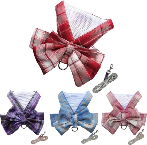 Vista 7 de Conjunto de Vestido a Cuadros para Perro con Corbata de Moño, Arnés y Correa, Ropa para Perro Vestido con Arnés con Anilla para Correa para Perras