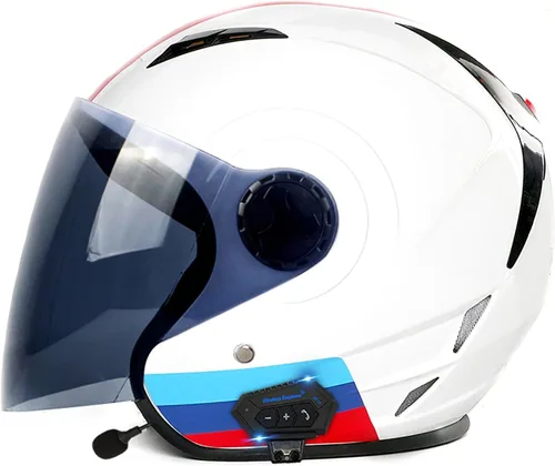 Vista 22 de Casco Bluetooth para motocicleta 3/4, casco retro abierto con visera solar, casco de moto Jet para hombres y mujeres adultos, casco aprobado por DOT