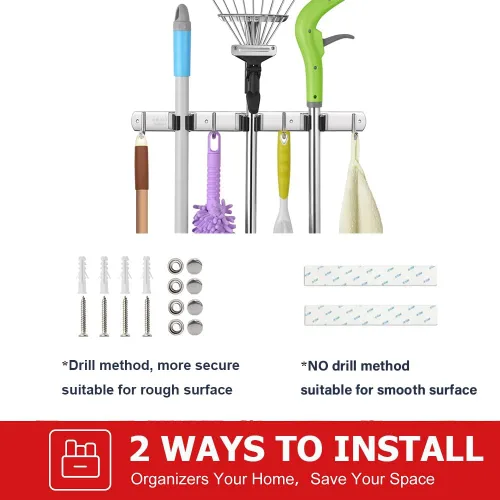 Vista 7 de IMILLET Paquete de 2 Soportes para Escobas y Fregonas con Montaje en Pared, Soporte para Escoba y Fregona de Acero Inoxidable, Autoadhesivo, Ganchos