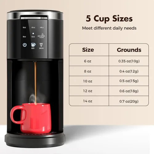 Vista 6 de Electactic Cafetera de una sola porción, cafetera 2 en 1 para K-Cup y café molido, tamaños de preparación de 6 a 14 onzas, cafeteras en cápsulas