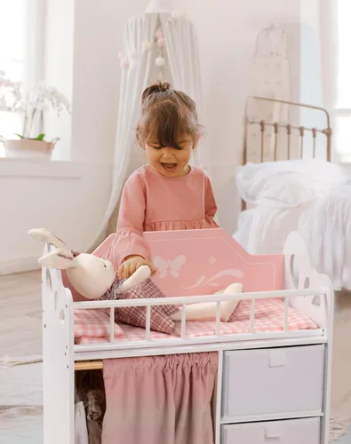 Vista 5 de ROBOTIME Cuna para muñeca, cama de madera para muñecas, cuna de juguete con almacenamiento, ropa de cama y ganchos de madera, cuna para muñecas