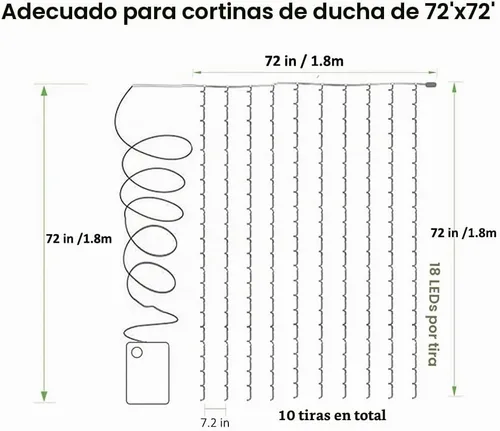 Vista 5 de Solhice Luz de cortina para ducha, 180 LEDs impermeables con batería, luces de hadas para cortina de 72 x 72 pulgadas con 10 ganchos para ducha