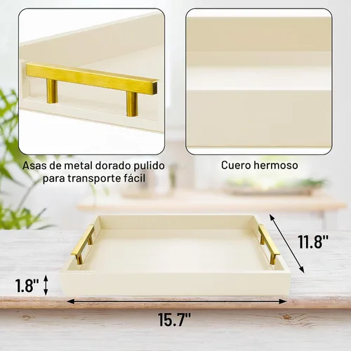Vista 4 de ATZYmolin - Bandeja de cuero para servir, con asas doradas, color beige Beige con mango Glod