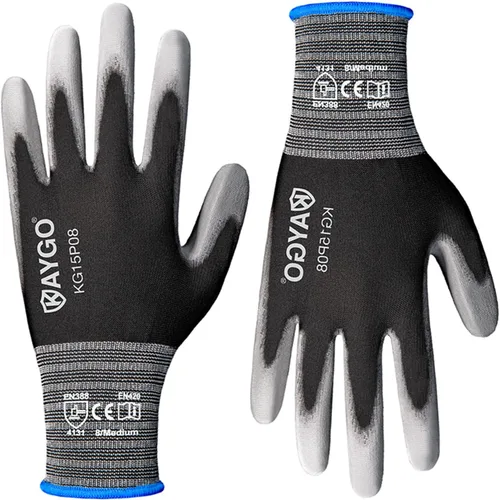 Vista 12 de KAYGO Guantes de trabajo con revestimiento de poliuretano 12 pares, KG15P, forro de nailon con revestimiento de poliuretano flexible, guantes