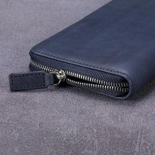 Vista 6 de HISCOW Funda de cuero para chequera, billetera con cremallera, color azul Aniline Cuero Azul