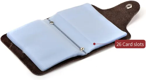 Vista 3 de YaJaMa Cartera para tarjetas de crédito, pequeña, de piel auténtica, 26 ranuras, para tarjetas, organizador para mujeres y hombres, Café, Cartera