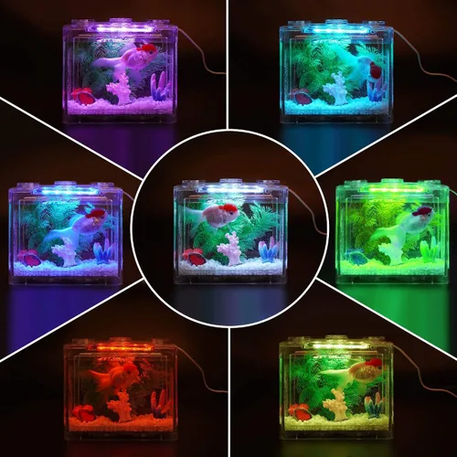 Vista 4 de Oltraman Pequeño Tanque de Peces Betta, Kit de Tanque de Acuario con Iluminación LED, Conjunto de Tanque de Peces de Combate Apilable de 0.6