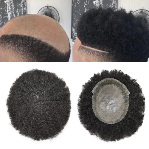 Vista 3 de Toupee - Unidad de cabello rizado afro para hombres negros, centro de encaje transpirable, cabello humano natural, inyección de mano afroamericana