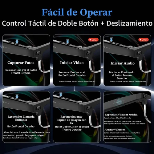 Vista 6 de Gafas Inteligentes AI con Cámara de 8MP, Video 4K y Foto HD, Audio Bluetooth, Asistente de Voz AI, Traducción en Tiempo Real, Reconocimiento
