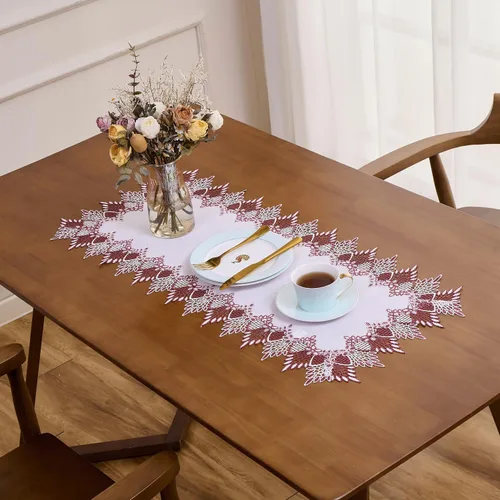 Vista 3 de Camino de mesa de lino de encaje rojo oscuro blanco de 36 pulgadas de largo, bufanda de aparador claret, decoración de mesa para Navidad, cocina