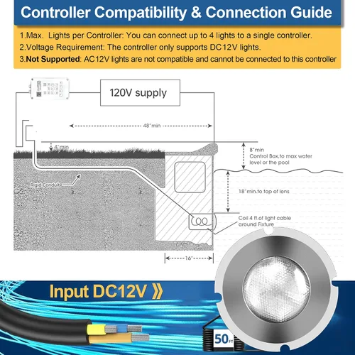Vista 2 de Luz de Piscina de 1.5 Pulgadas LED RGBW Multicolor para Piscina Enterrada y Spa, IP68 Impermeable, AC 120V, Cable de 50 Pies con Controlador, APP