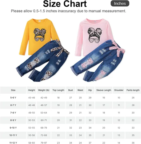 Vista 7 de PATPAT Conjuntos de 2 piezas para niña, conjuntos de pantalones de manga larga, camiseta y pantalones de mezclilla con cuello redondo, talla 5-12