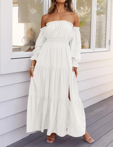 Vista 9 de ZESICA - Vestido largo, bohemio y sexy, con hombros descubiertos y manga larga fruncida, con elástico fruncido, cintura alta y abertura lateral