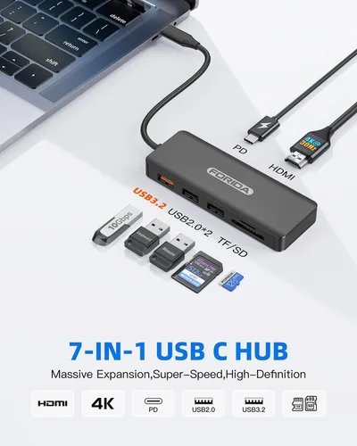 Vista 3 de HUB USB C, Adaptador MultiPuerto de 7 Puertos USB para MacBook Pro/Air, Dongle de Tipo C a HDMI con HDMI 4K, 1 Hub USB C 3.2 de 10Gbps, 2 USBA 2.0