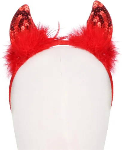 Vista 3 de LUX ACCESSORIES Disfraz de piel de lentejuelas de cuerno de diablo rojo de Navidad para Navidad, Piel, Sin gemas.