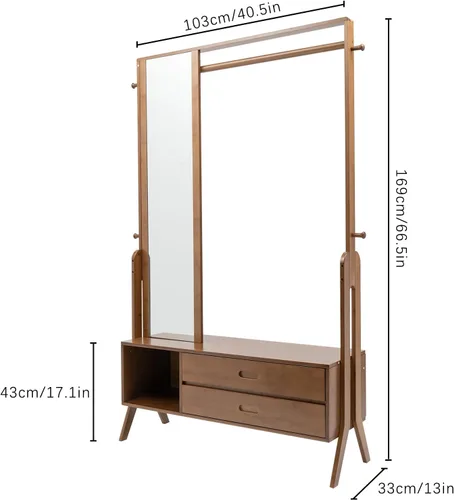 Vista 2 de Perchero de bambú con espejo y cajones, colgador de ropa de madera independiente con ganchos, perchero resistente con estantes, organizador