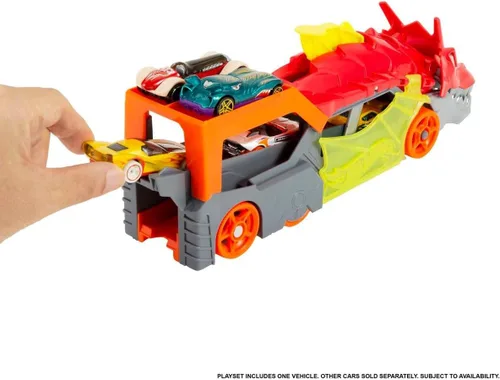 Vista 4 de Conjunto de pista de coche de juguete Hot Wheels City, Transportador de lanzamiento de dragón y coche a escala 1:64, vehículos de lanzamiento desde