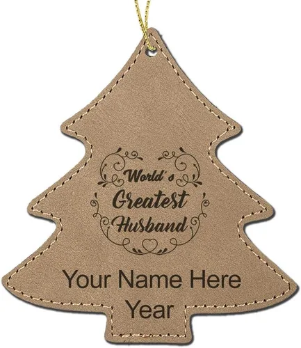 Vista 4 de LaserGram Personalized Christmas Ornament, World's Greatest Husband, Faux Leather, Custom Laser Engraved Gift Idea (Tree Shape, Dark Blue)