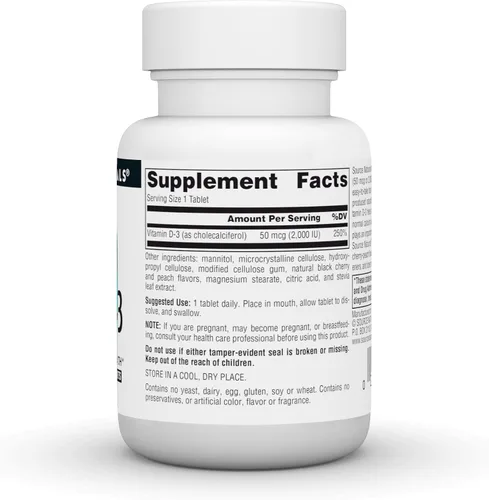 Vista 2 de Source Naturals Vitamina D-3 2000 iu apoya la salud ósea e inmunológica - Sabor melocotón cereza negra - 120 tabletas de fusión rápida