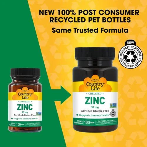 Vista 3 de Country Life Zinc 50 mg, quelato de aminoácidos, 100 tabletas, certificado sin gluten, certificado vegano, verificado sin OMG