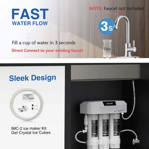 Vista 5 de Frizzlife Sistema de filtro de agua para debajo del fregadero, certificado NSF/ANSI 53 y 42 y 372, filtración de agua de 8 capas de 0.5 micrones que