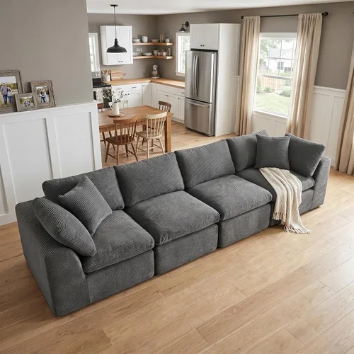 Vista 25 de Sofás de nube beige para sala de estar, sofá deshuesado de 4 plazas, sofá modular seccional, no requiere montaje, tapizado de chenilla, moderno