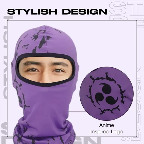 Vista 2 de Máscara de esquí de anime con diseño Pasamontañas púrpura Cm negro A verano Skii y máscaras de invierno para hombres y mujeres, cubierta facial