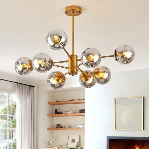 Vista 13 de DDLLDESHI Lámpara de araña de 6 luces dorada con cubierta esférica de vidrio Sputnik, lámpara de techo de 34" de gran tamaño para comedor, lámparas