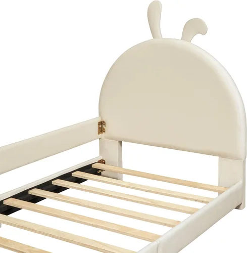 Vista 6 de Elegante sofá cama tapizado de tamaño individual con cabecera en forma de oreja de conejo, para niños pequeños y niñas