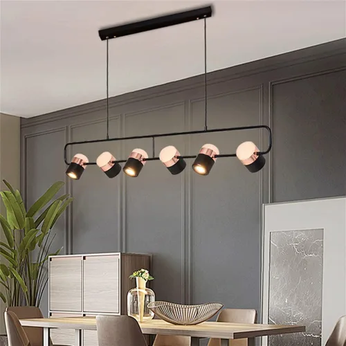 Vista 2 de Luces colgantes de isla de cocina, 6 luces negras industriales lineales LED candelabro ajustable para comedor, sala de estar, mesa de piscina, barra