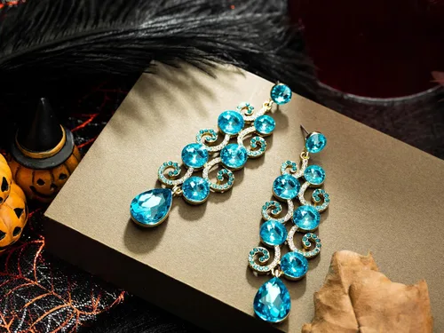 Vista 6 de RareLove Aretes de araña de diamantes de imitación azules, aretes largos colgantes para mujer, cristal de lágrima, aretes de boda para novias