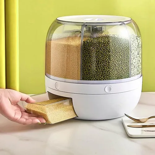 Vista 3 de Dispensador de cereales giratorio para encimera, recipientes de grano con 6 compartimentos, ideal para almacenamiento de lentejas, arroz, frijoles