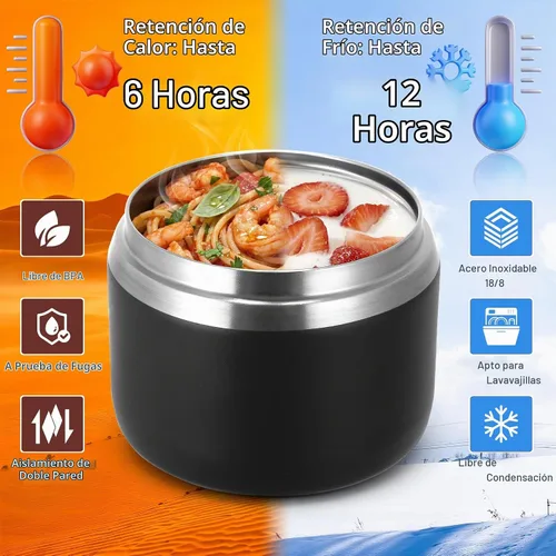 Vista 5 de MAXSO Tarro de comida aislado al vacío de 14 onzas con tapa de hebilla de cuchara, termo de sopa para niños para comida caliente, boca ancha, Negro