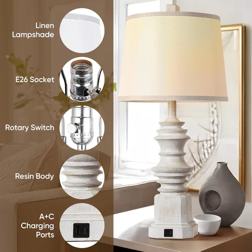 Vista 4 de QiMH - Juego de 2 lámparas de mesa para mesita de noche, lámpara de noche con dos puertos de carga USB, lámparas de mesa de decoración de granja